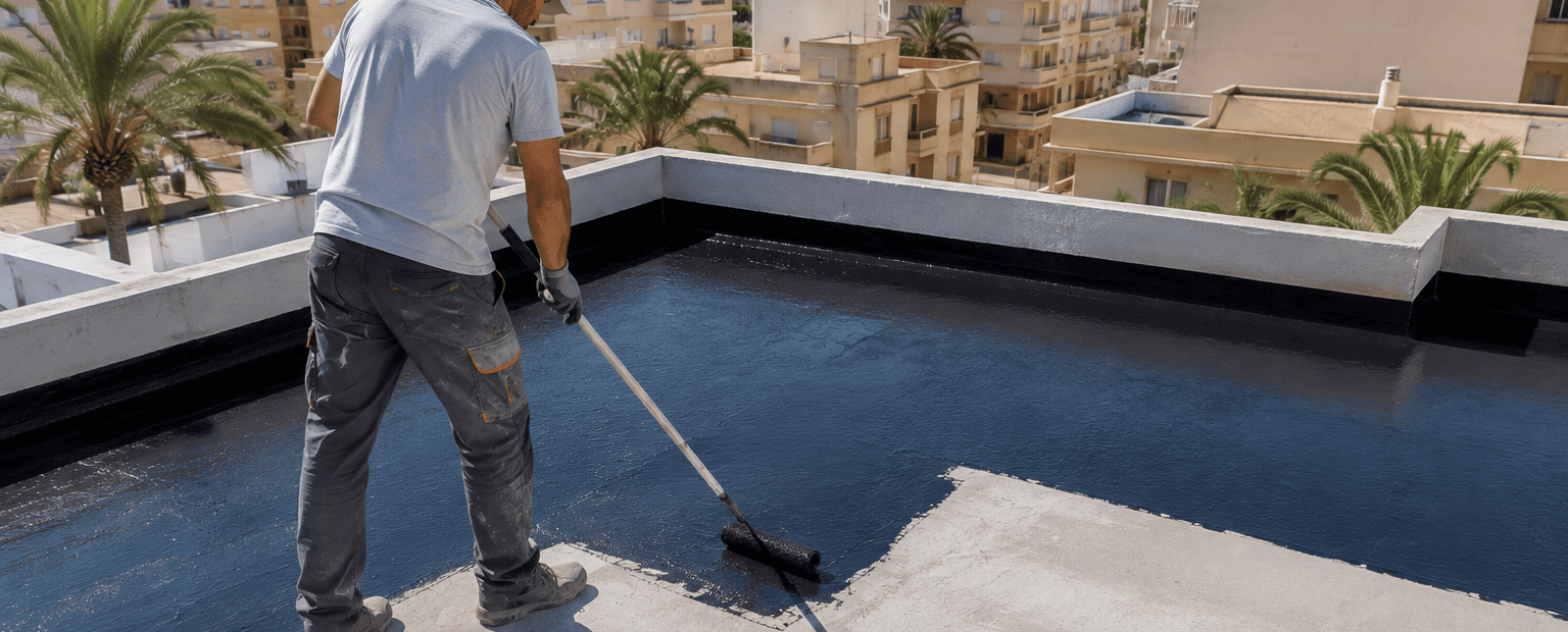 Operario aplicando un revestimiento impermeabilizante en una azotea de Torrevieja