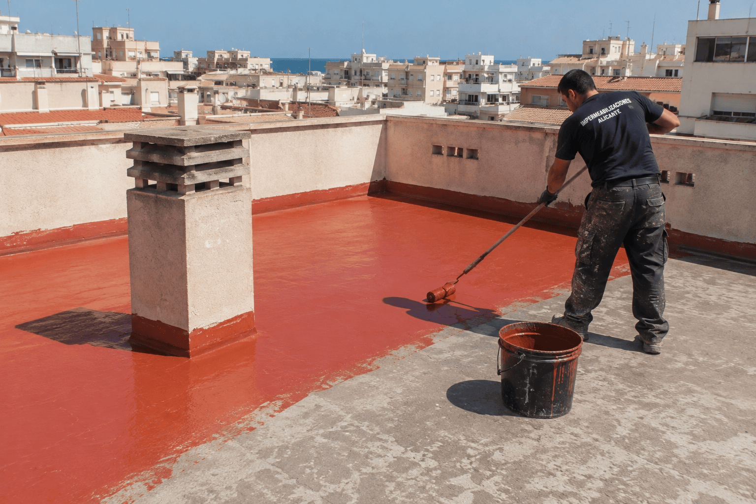 Operario aplicando impermeabilizante en una cubierta plana de Torrevieja