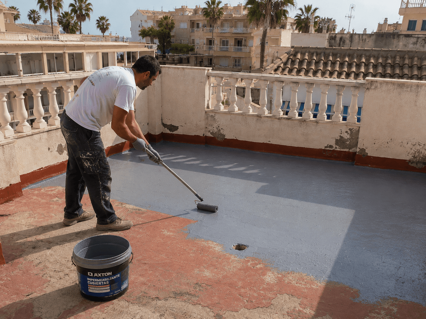 Operario aplicando impermeabilizante en una terraza de Torrevieja
