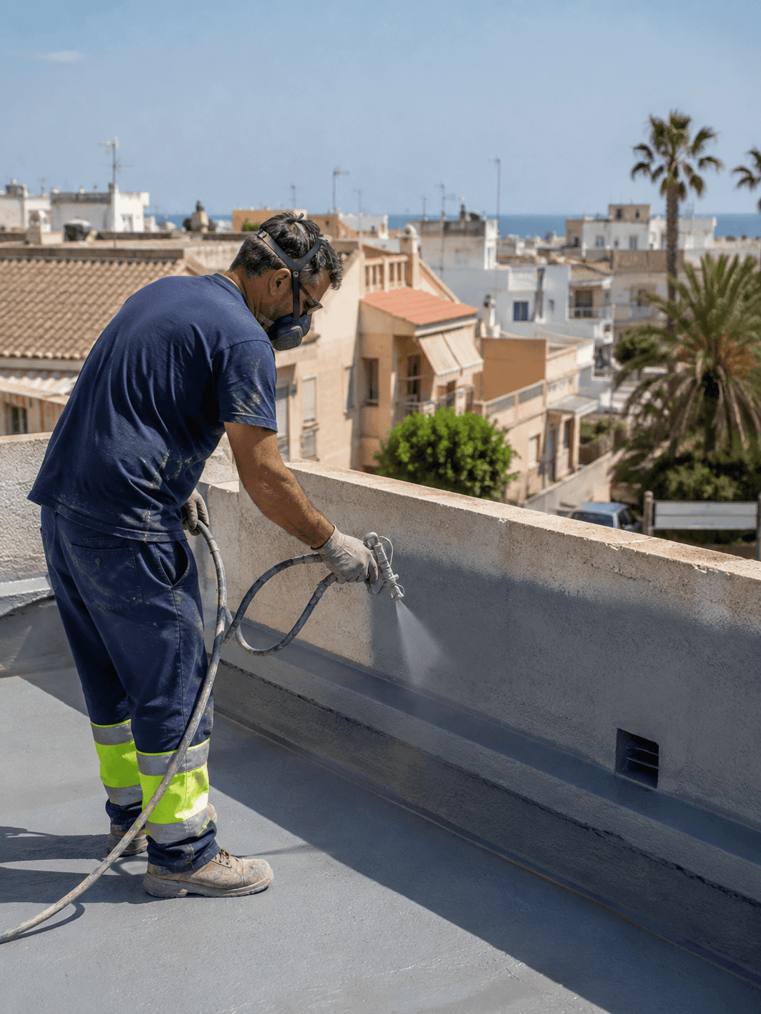 Operario aplicando impermeabilización en una cubierta de Torrevieja